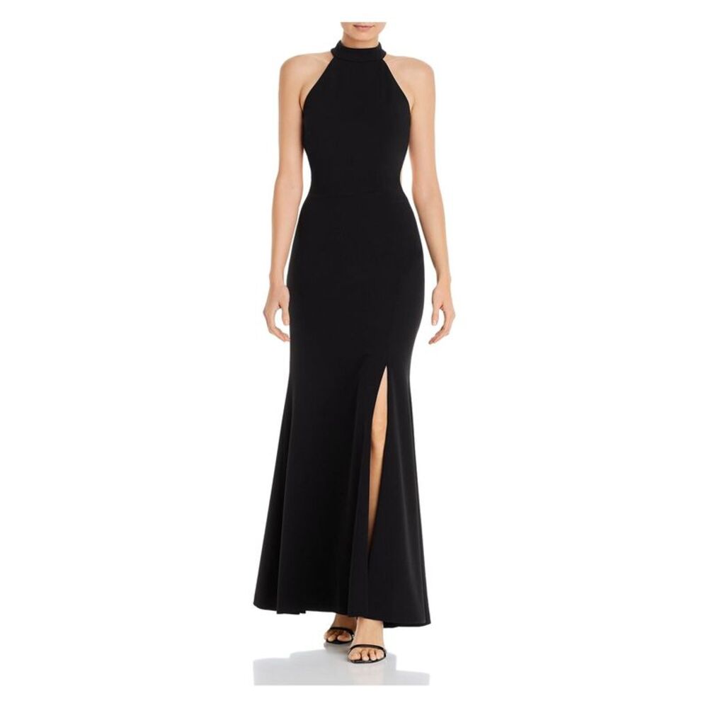 AQUA FORMAL Womens Black Stretch Halter Full-Length Formal Fit + Flare Dress 0